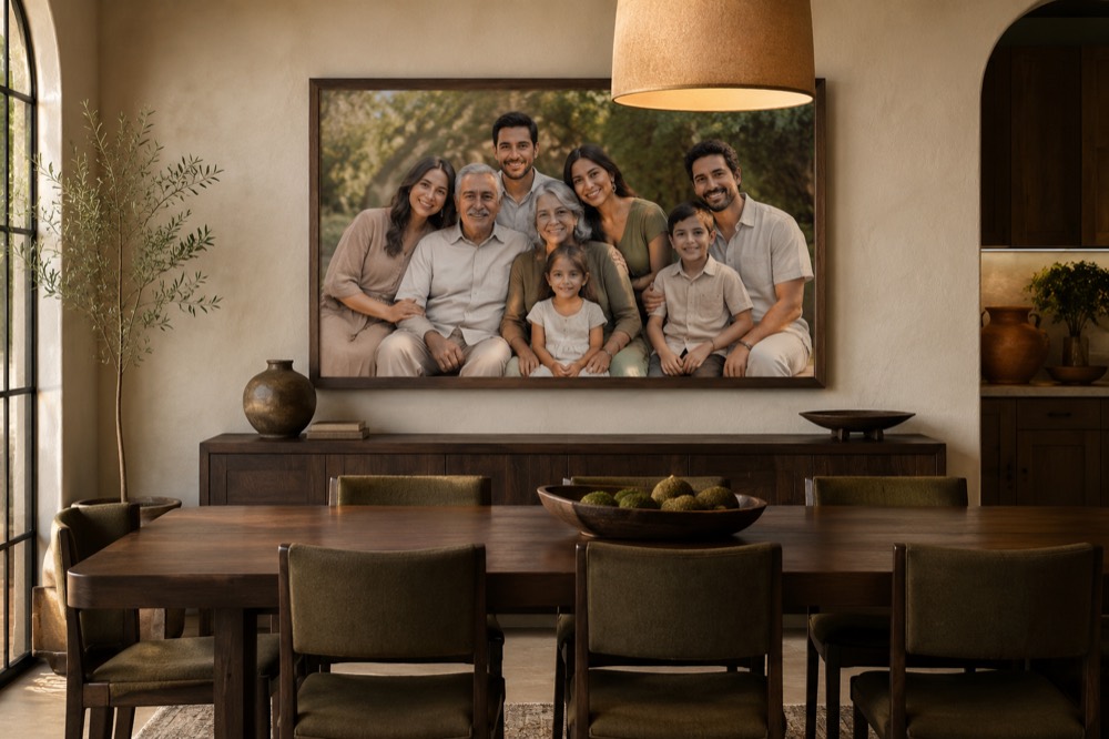 Retrato familiar enmarcado instalado en un comedor (imagen ilustrativa)