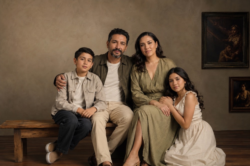 Familia de cuatro personas retratada en estudio (imagen ilustrativa)