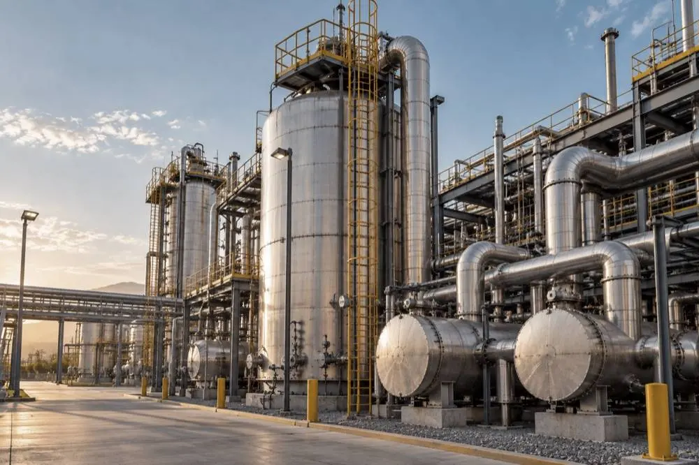 Planta industrial con tanques y tuberías