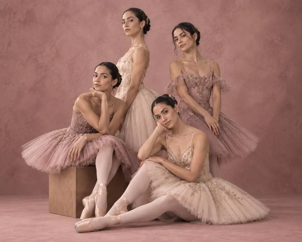 Cuatro bailarinas de ballet en estudio