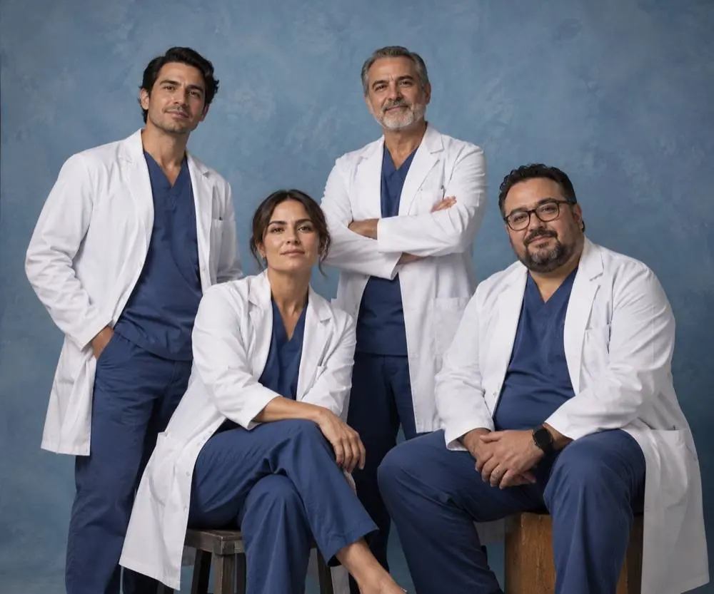 Equipo de cirujanos con bata en estudio