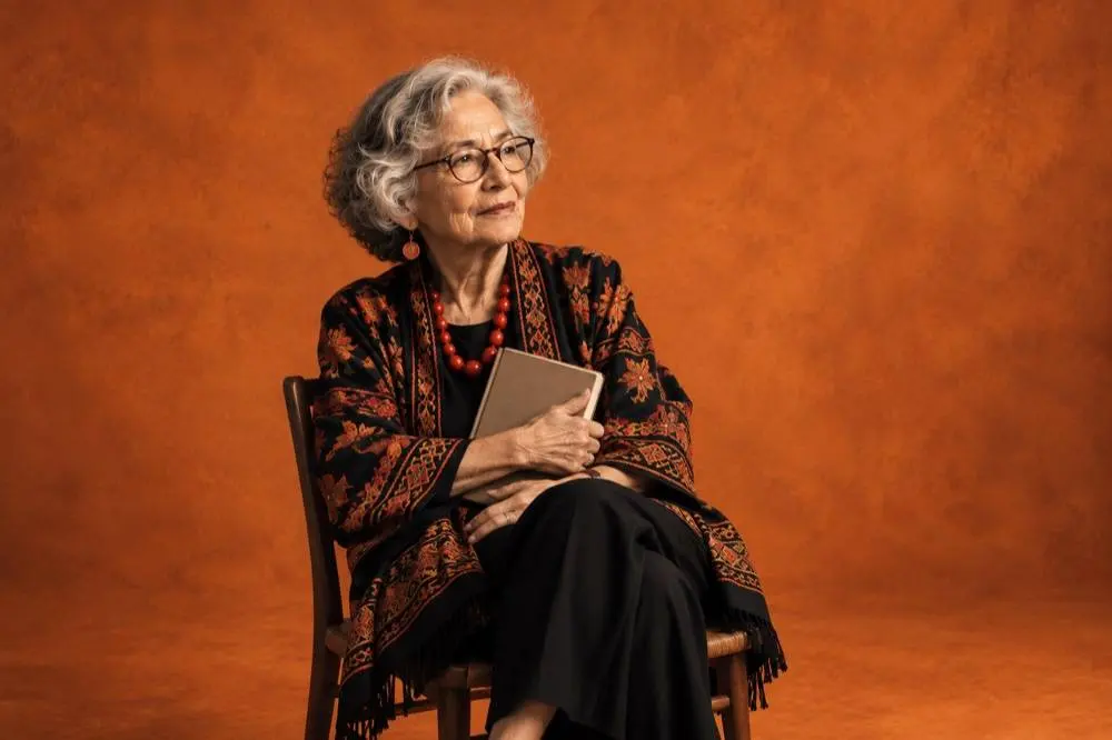 Retrato de una mujer mayor, líder cultural, con un libro